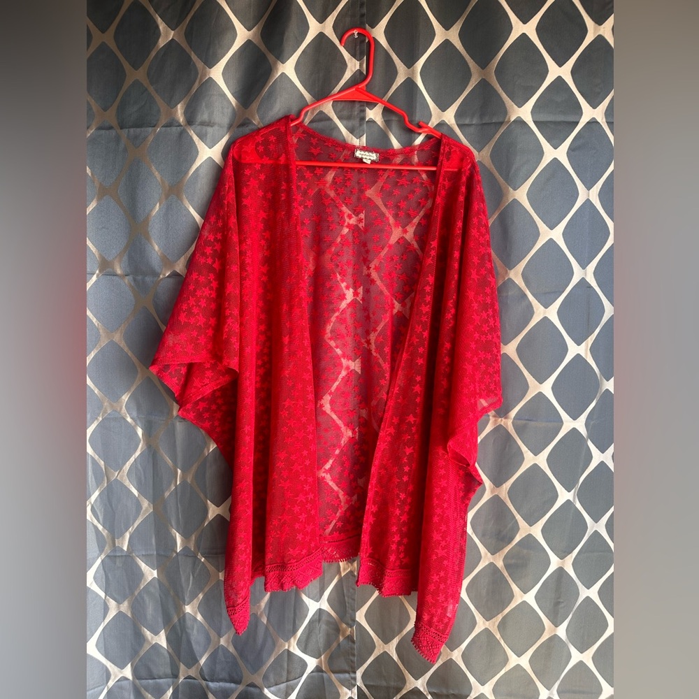 Eyeshadow woman open front shirt see thru red with stars 3XL